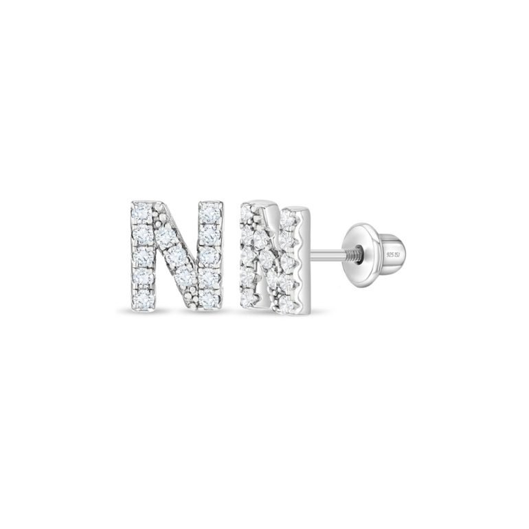 Sterling silver kids earrings with cubic zirconia – initial (letter) N