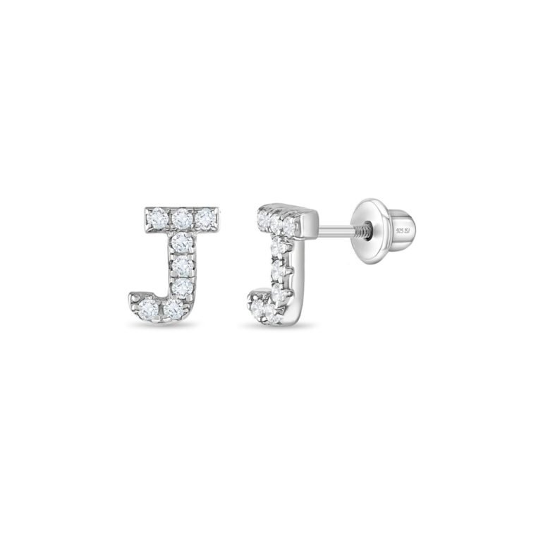 Sterling silver kids earrings with cubic zirconia – initial (letter) J