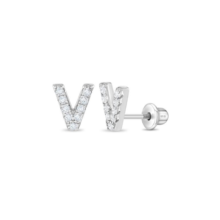 Sterling silver kids earrings with cubic zirconia – initial (letter) V