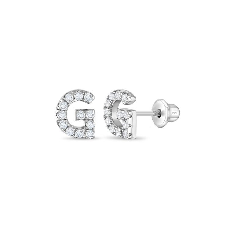 Sterling silver kids earrings with cubic zirconia – initial (letter) G