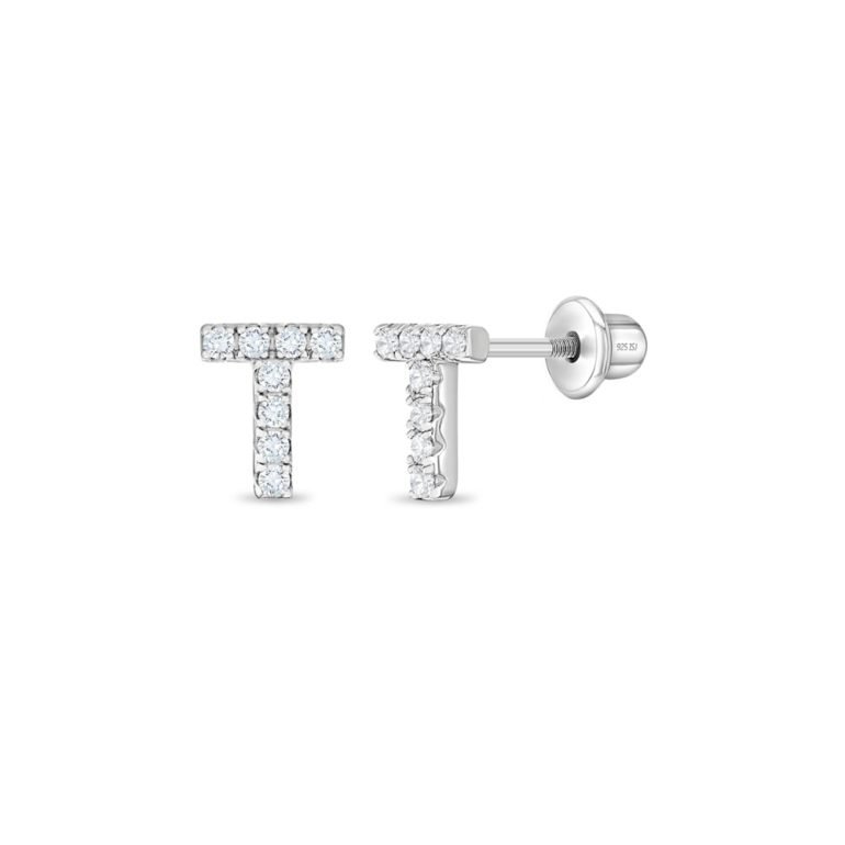 Sterling silver kids earrings with cubic zirconia – initial (letter) T