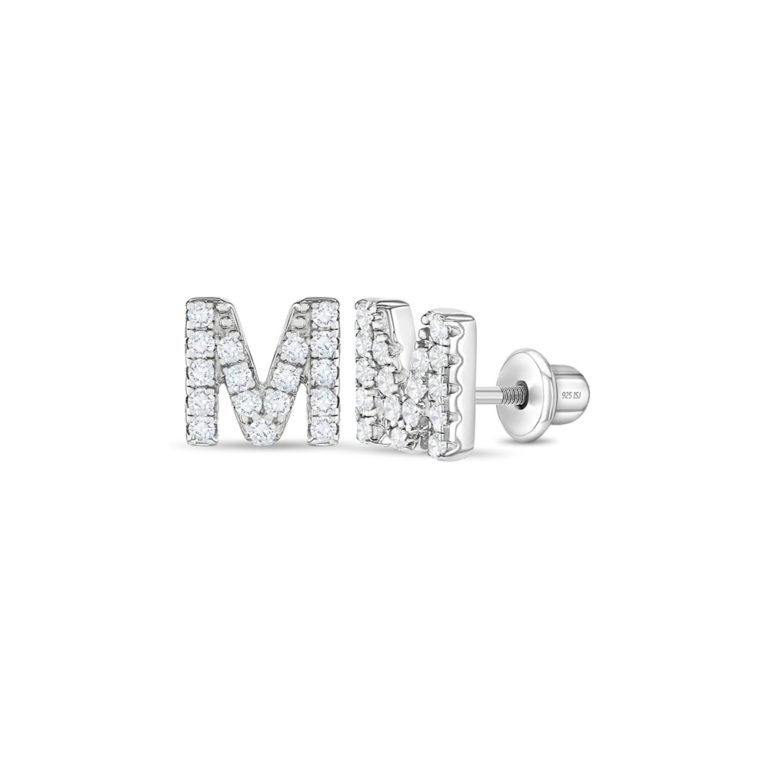 Sterling silver kids earrings with cubic zirconia – initial (letter) M