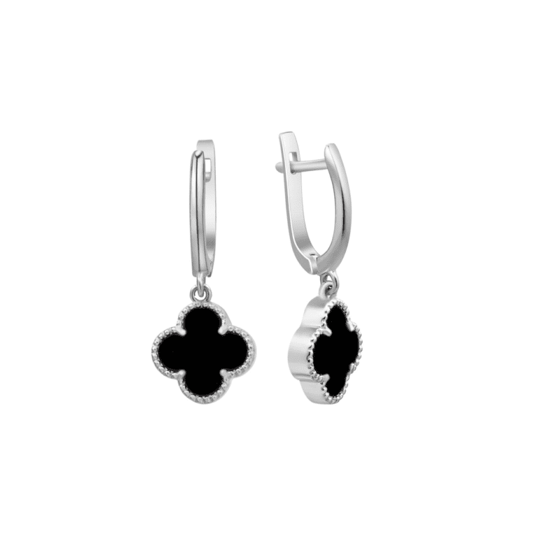 Sterling silver dandling earrings with onyx - four-leaf clover