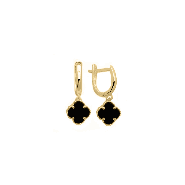 Yellow gold earrings with onyx - four-leaf clover