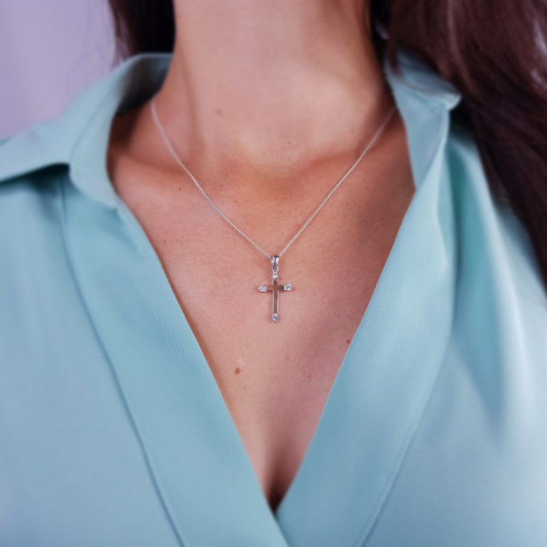 Gold plated sterling silver cross pendant with cubic zirconia