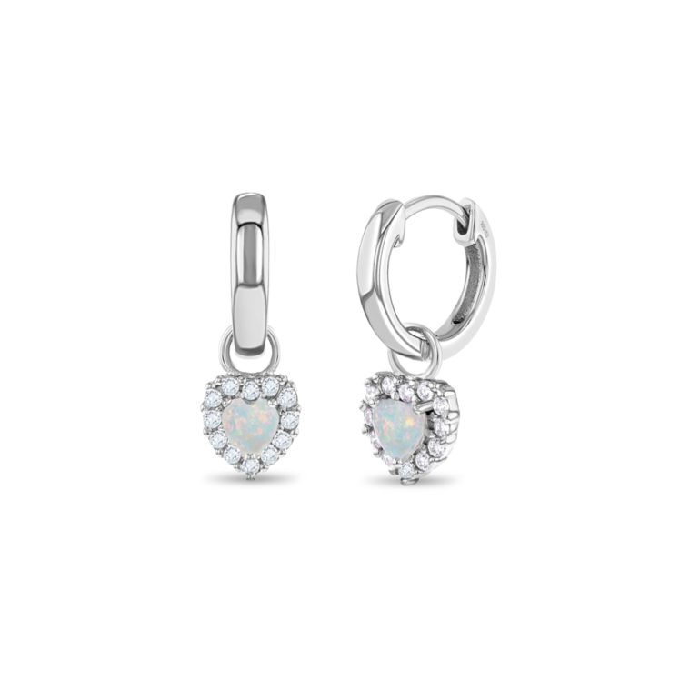 Sterling silver hoop earrings with dandling opal heart