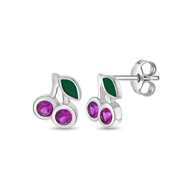 Sterling silver stud earrings with cubic zirconia - cherries