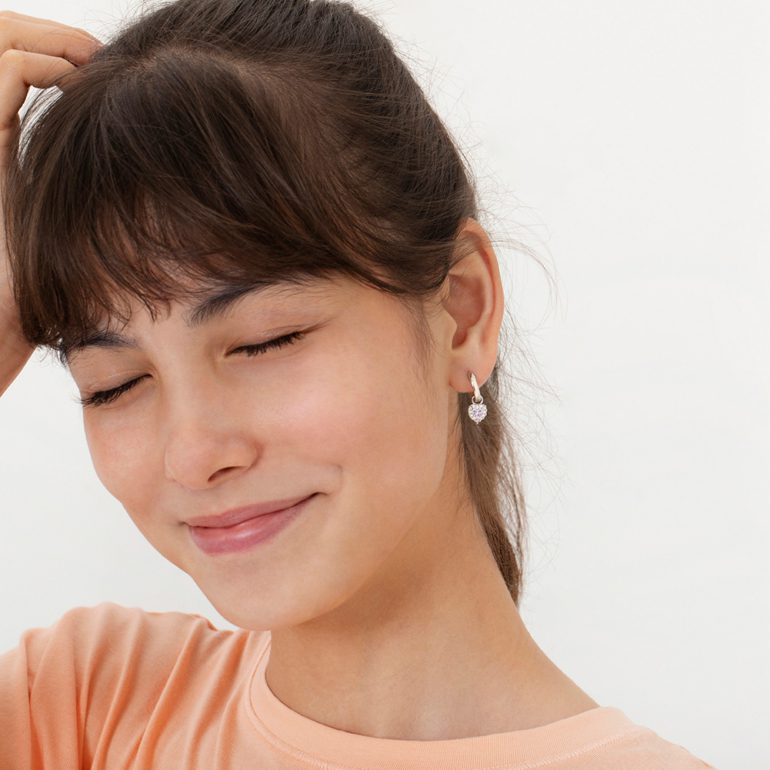 Sterling silver hoop earrings with dandling heart