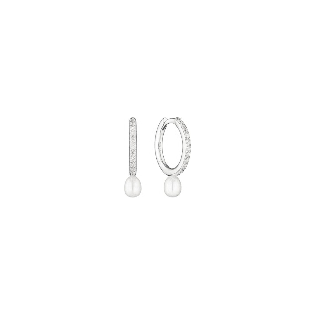 Sterling silver hoop earrings with pearls and cubic zirconia