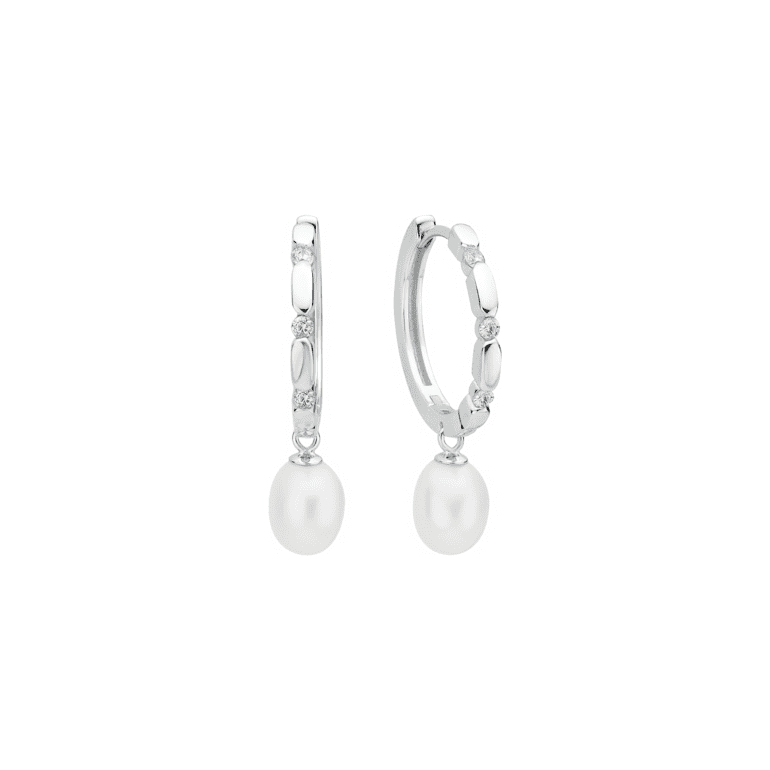 Sterling silver hoop earrings with pearls and cubic zirconia