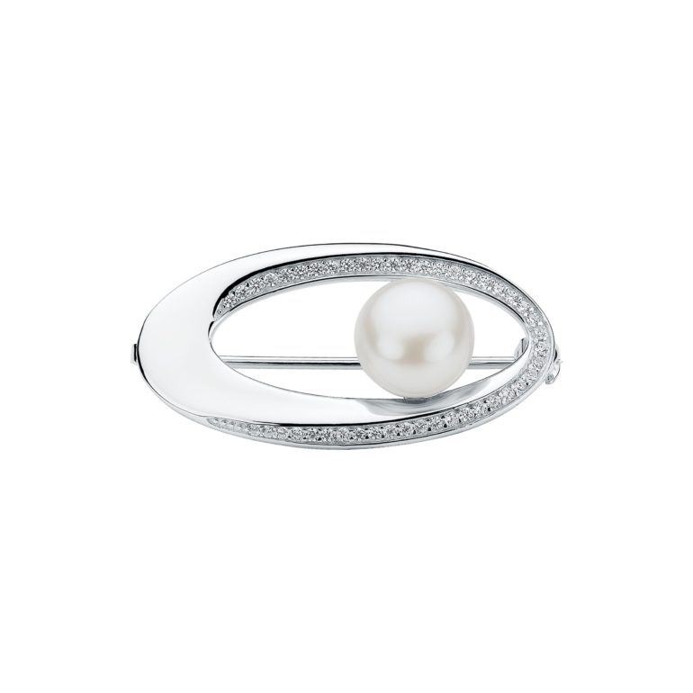 Sterling silver brooch with pearl and cubic zirconia