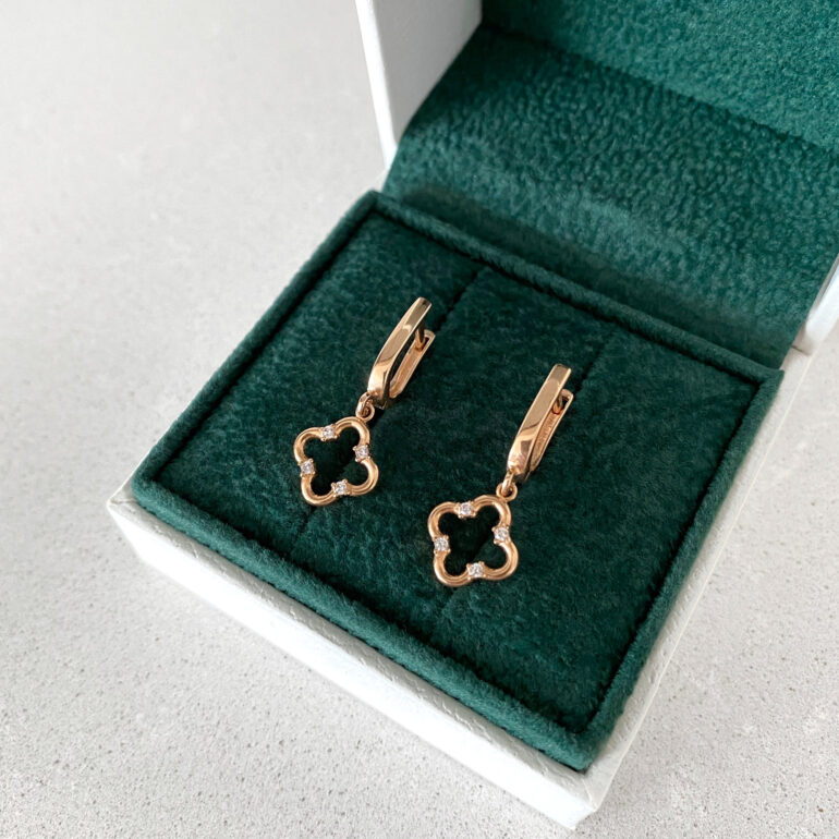 Auksiniai Auskarai Su Cirkoniais - Keturlapis Dobilas