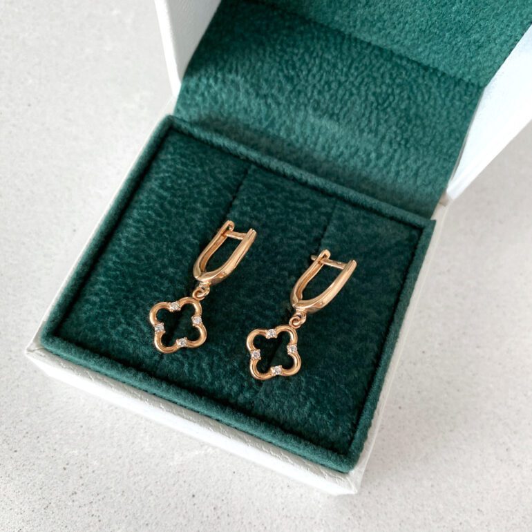 Rose gold earrings with cubic zirconia - Four-leaf clover