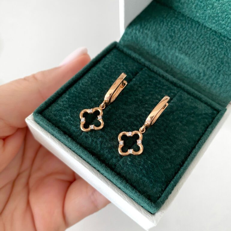 Rose gold earrings with cubic zirconia - Four-leaf clover