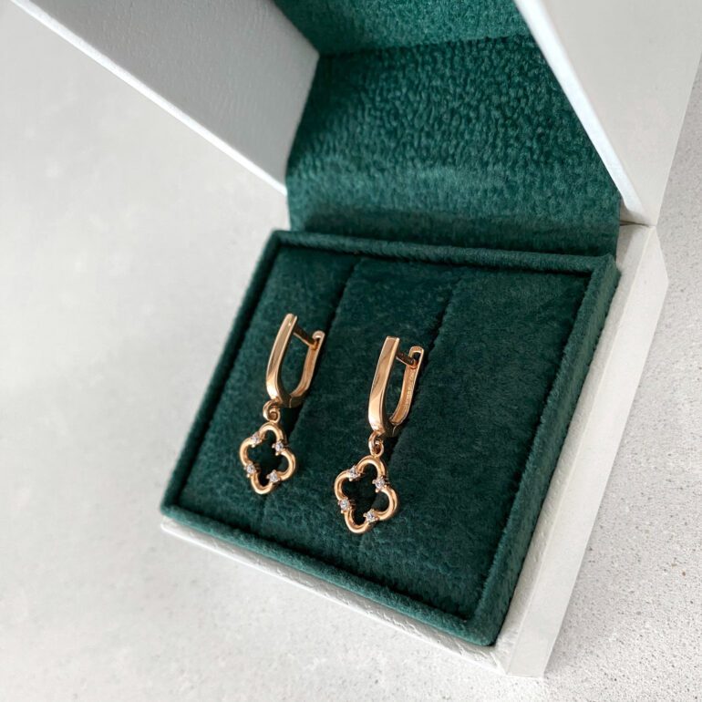 Rose gold earrings with cubic zirconia - Four-leaf clover