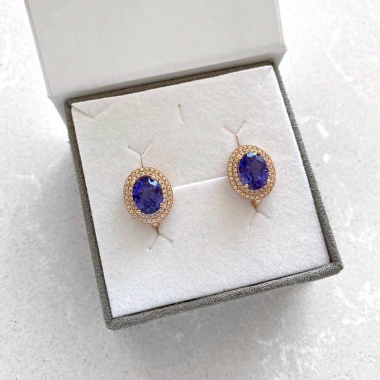 Rose gold earrings with tanzanite and cubic zirconia