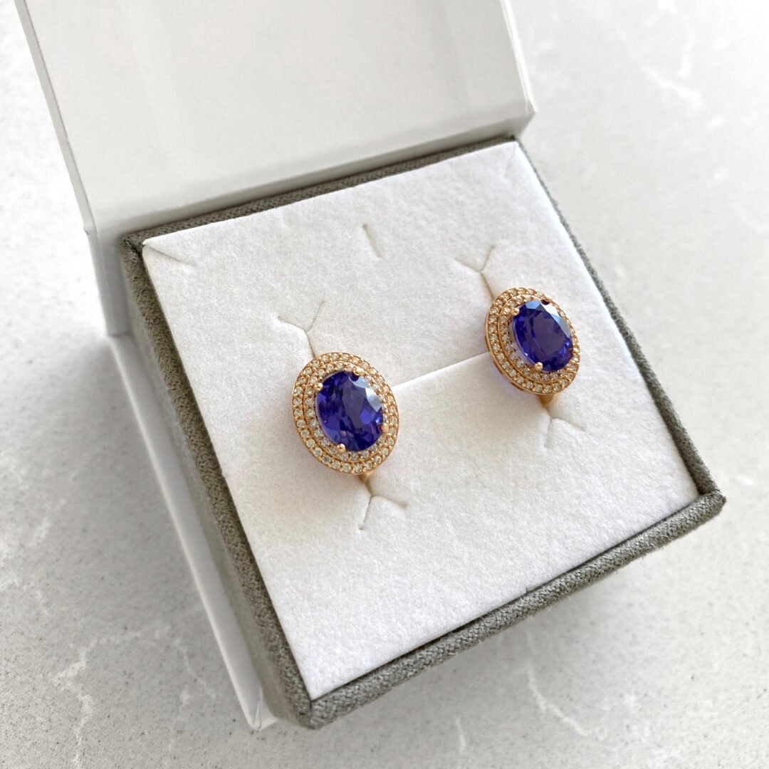 Rose gold earrings with tanzanite and cubic zirconia