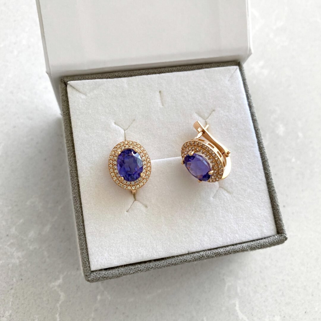 Rose gold earrings with tanzanite and cubic zirconia