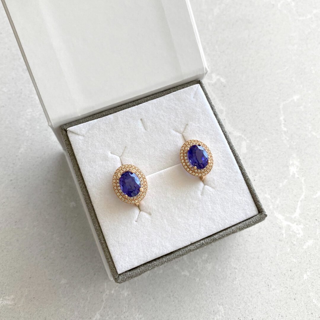 Rose gold earrings with tanzanite and cubic zirconia