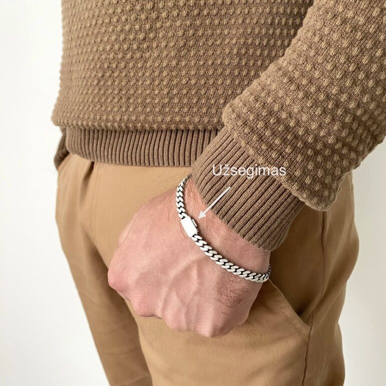 Modernaus matinio šlifavimo sidabrinė tamsinsta apyrankė vyrams