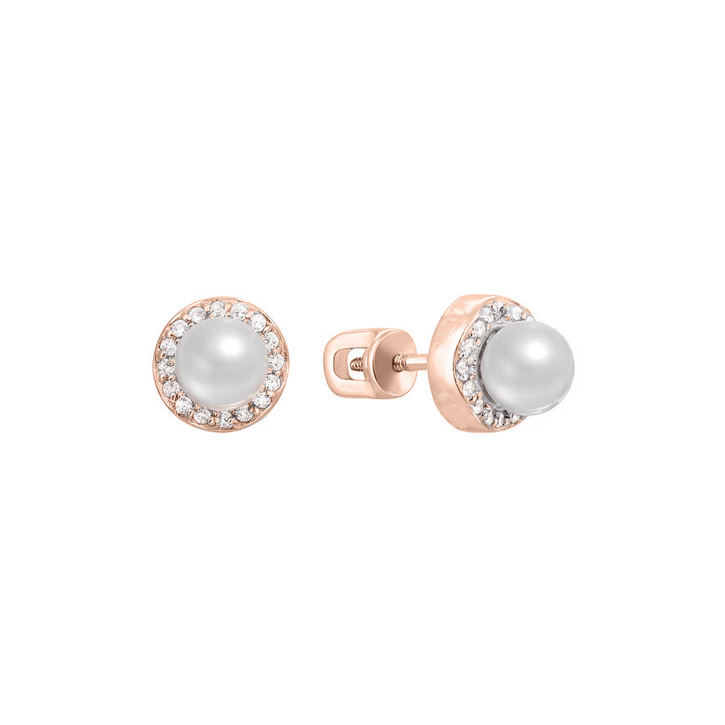 Rose gold stud earrings with pearls and cubic zirconia