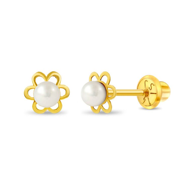 Yellow Gold Kids Earrings With Pearls