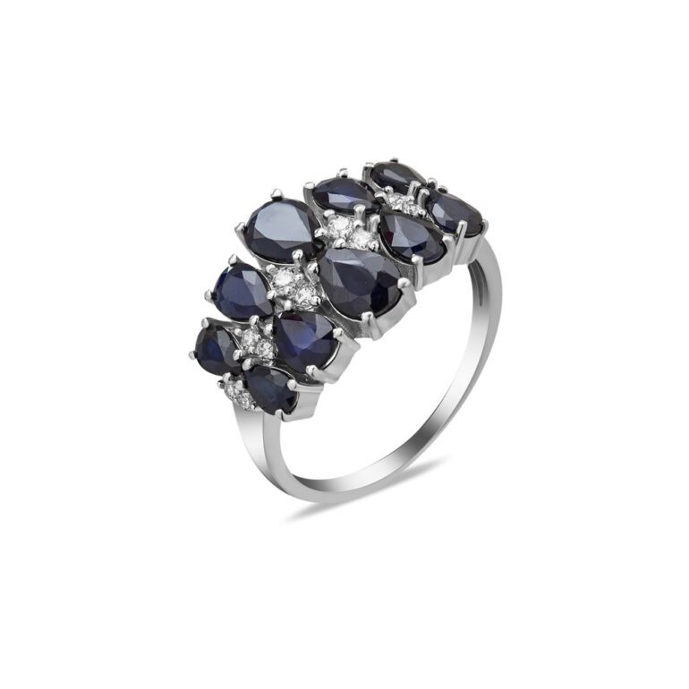 A luxurious sterling silver ring with sapphires and fianits