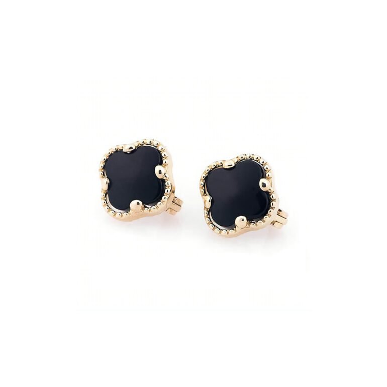 Rose gold earrings with onyx - four-leaf clover