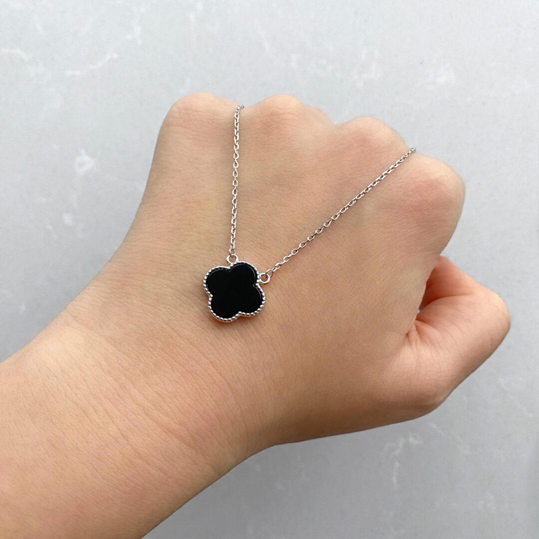 Sterling silver necklace with onyx - four-leaf clover