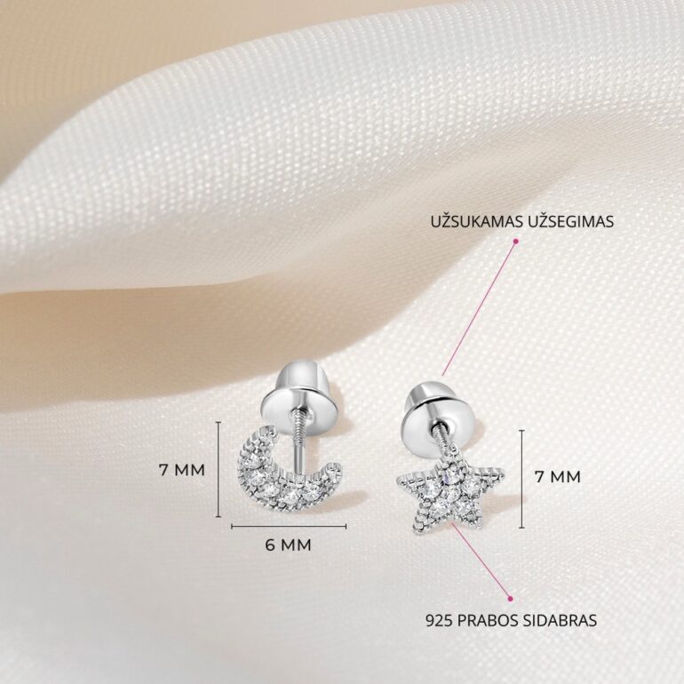 Vaikiški Sidabriniai Auskarai - Žvaigždutė Ir Mėnulis