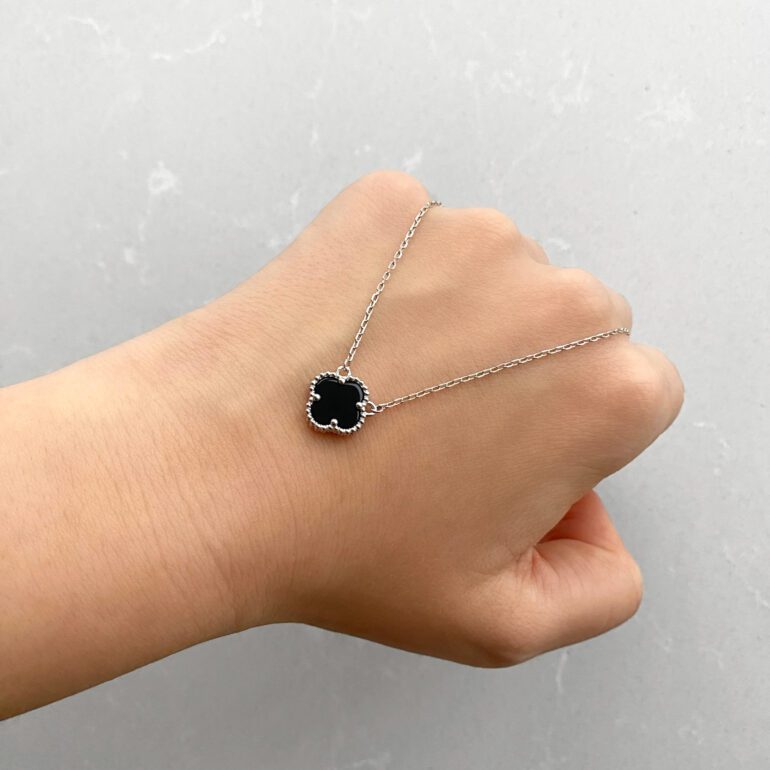 Sterling silver necklace with onyx - four leaf clover