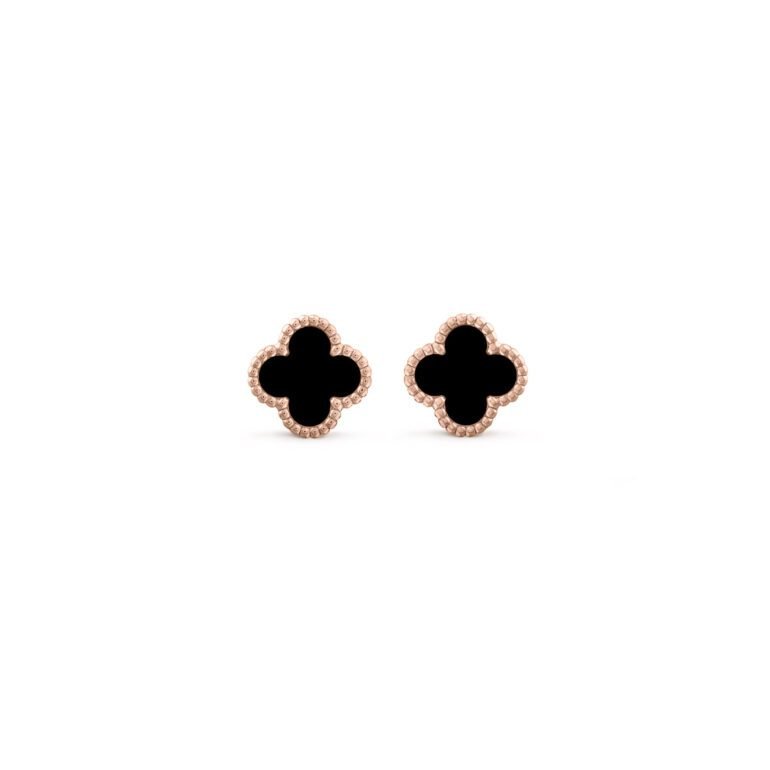 Rose gold stud earrings with onyx - four-leaf clover