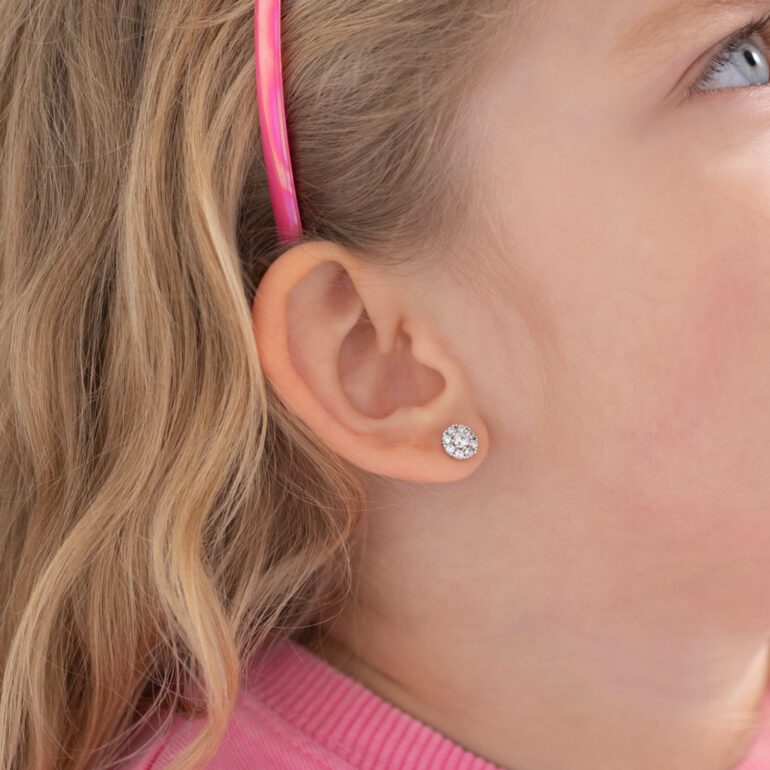 Sterling silver kids earrings with cubic zirconia.