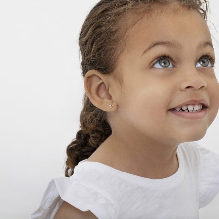 Vaikiški geltono aukso užsukami auskarai su cirkoniu - Gėlytės