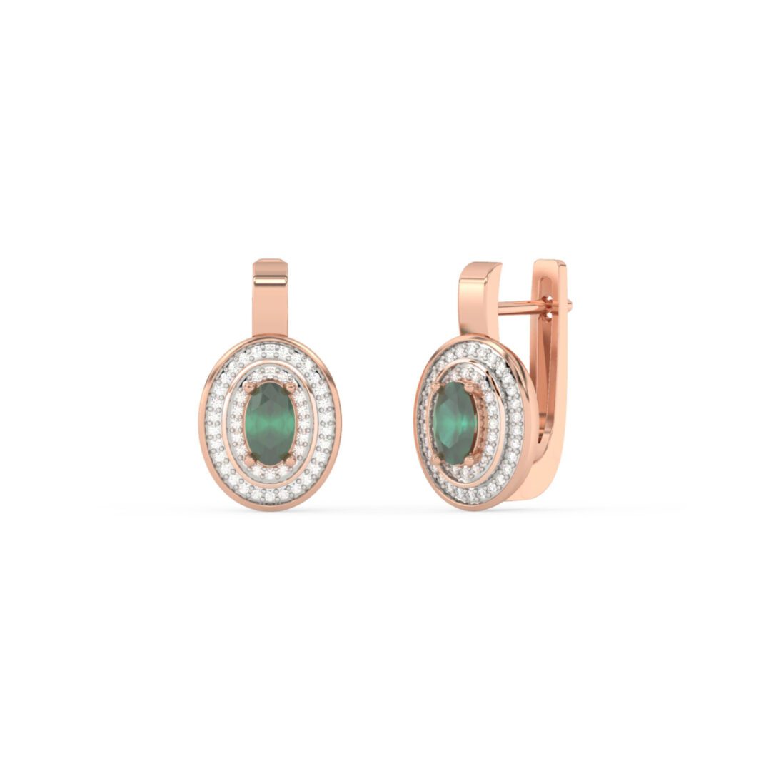 A pair of luxurious rose gold earrings with emeralds and diamonds