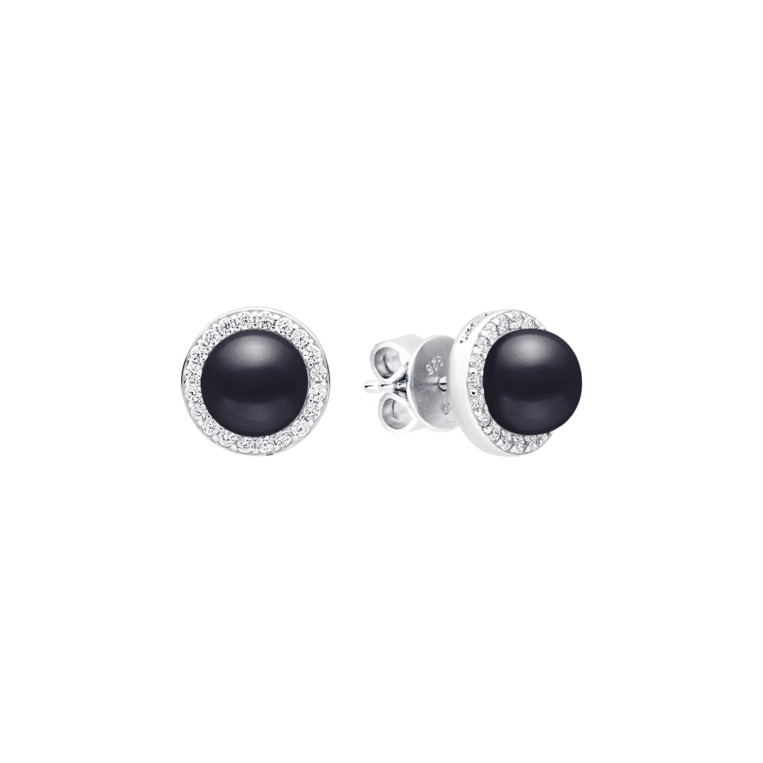 Sterling silver stud earrings with black pearls and cubic zirconia