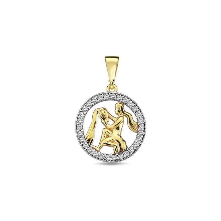 Yellow gold pendant with cubic zirconia zodiac sign Aquarius