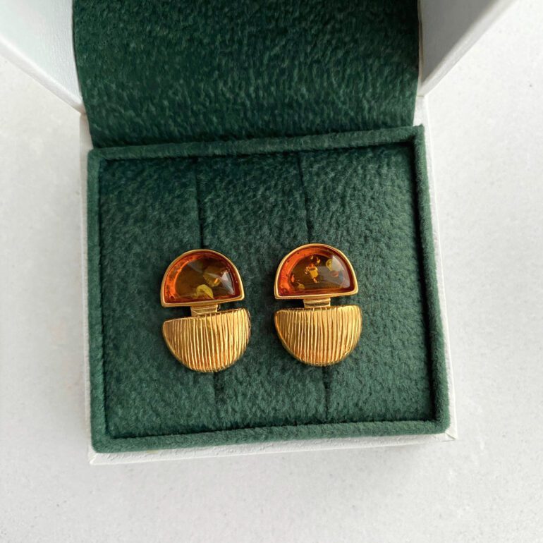 Yellow gold plated sterling silver stud earrings with amber