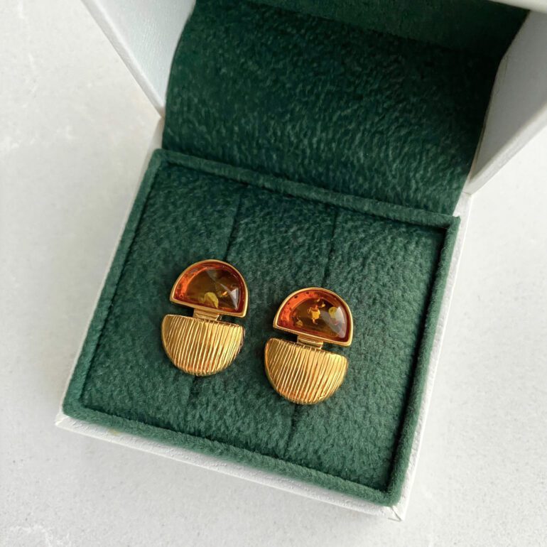 Yellow gold plated sterling silver stud earrings with amber