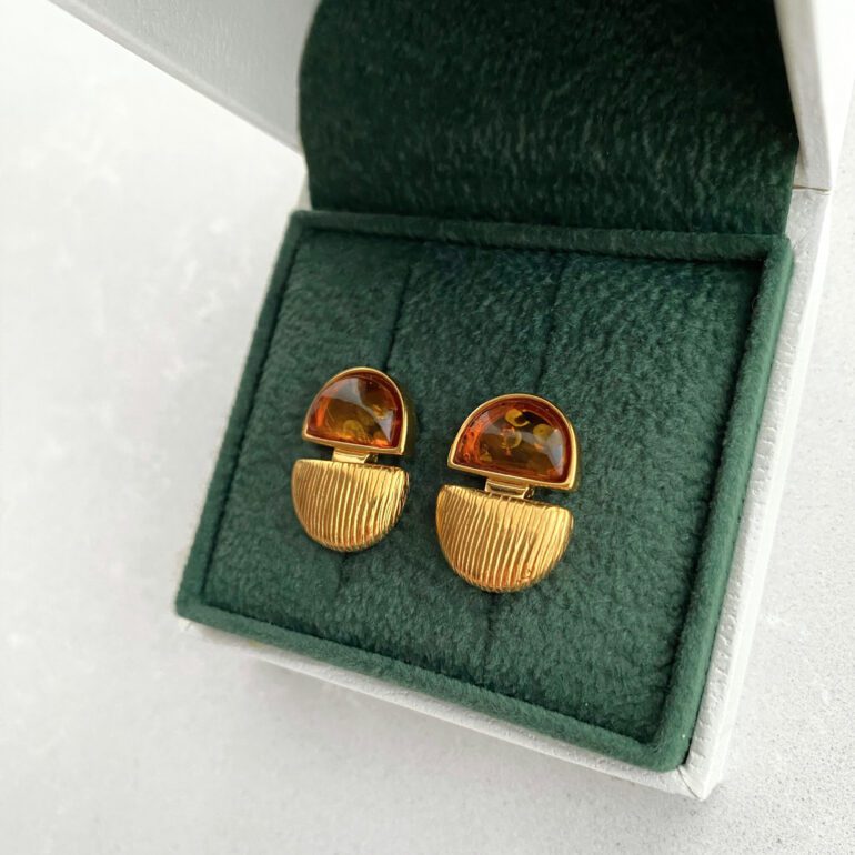Yellow gold plated sterling silver stud earrings with amber