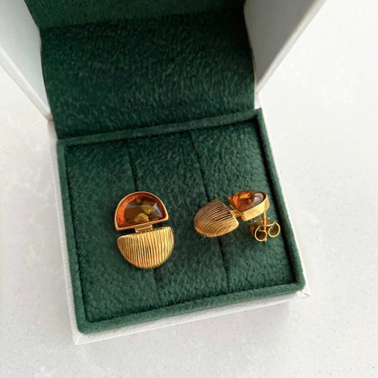 Yellow gold plated sterling silver stud earrings with amber