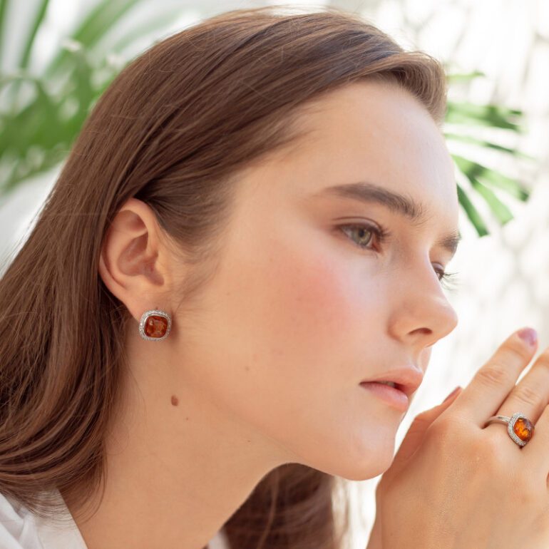 Sterling silver earrings with amber and cubic zirconia