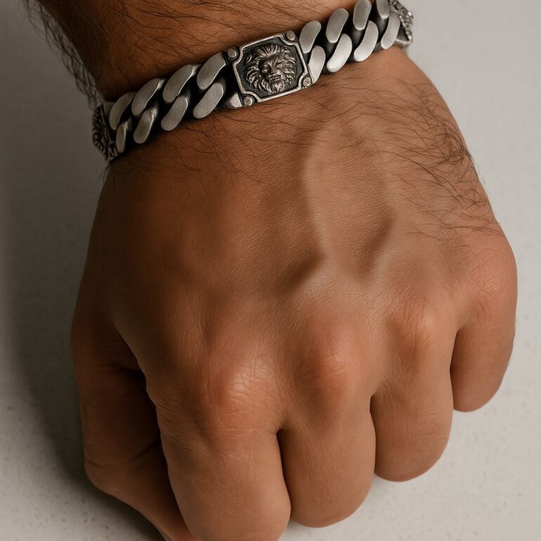 A modern matt finish sterling silver bracelet for men - Lion