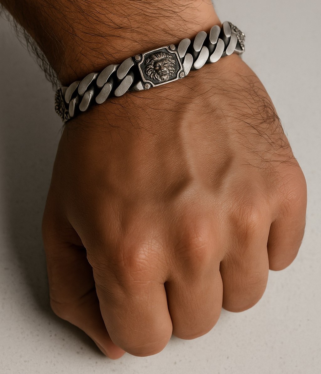A modern matt finish sterling silver bracelet for men - Lion