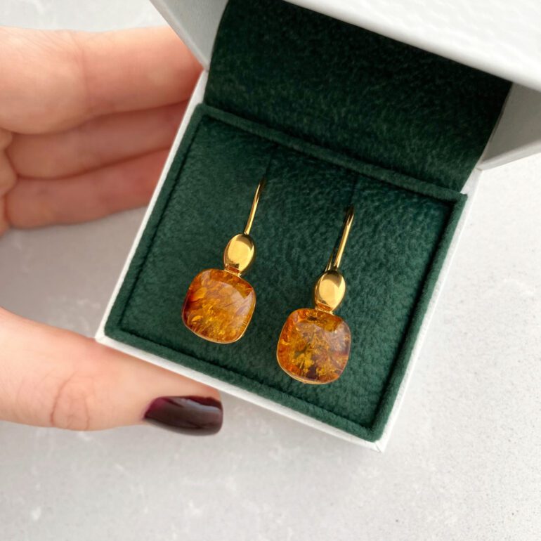 Geltonu auksu dengti sidabriniai auskarai su gintaru