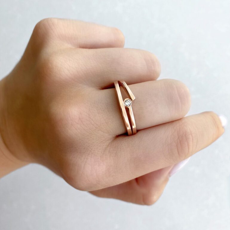 A modern rose gold ring with cubic zirconia