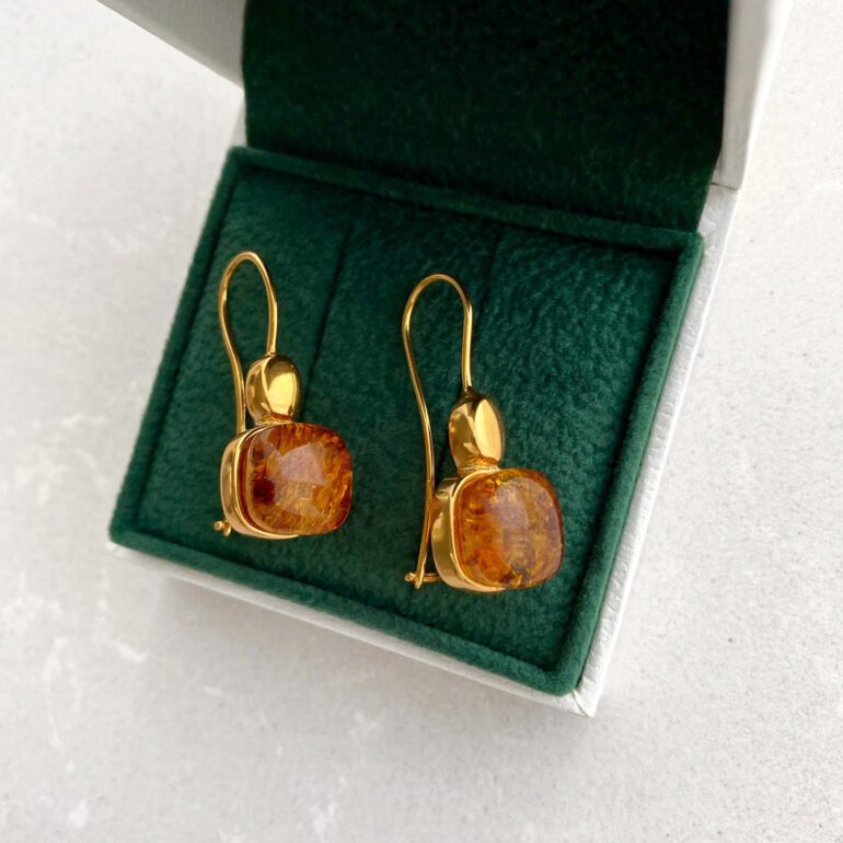 Geltonu auksu dengti sidabriniai auskarai su gintaru