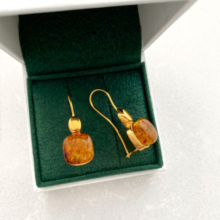 Paauksuoti Sidabriniai Auskarai Su Gintaru