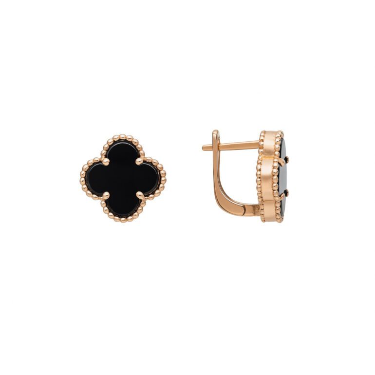 Gold plated sterling silver earrings with onyx - four leaf clover