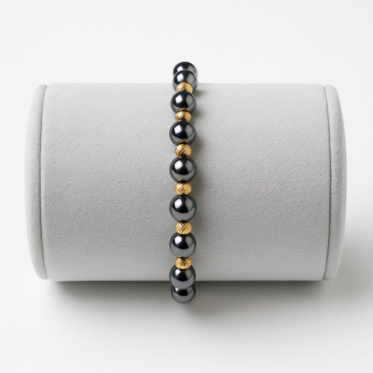 Juodo siūlo apyrankė su apvaliais hematitais ir graviruotais aukso karoliukais